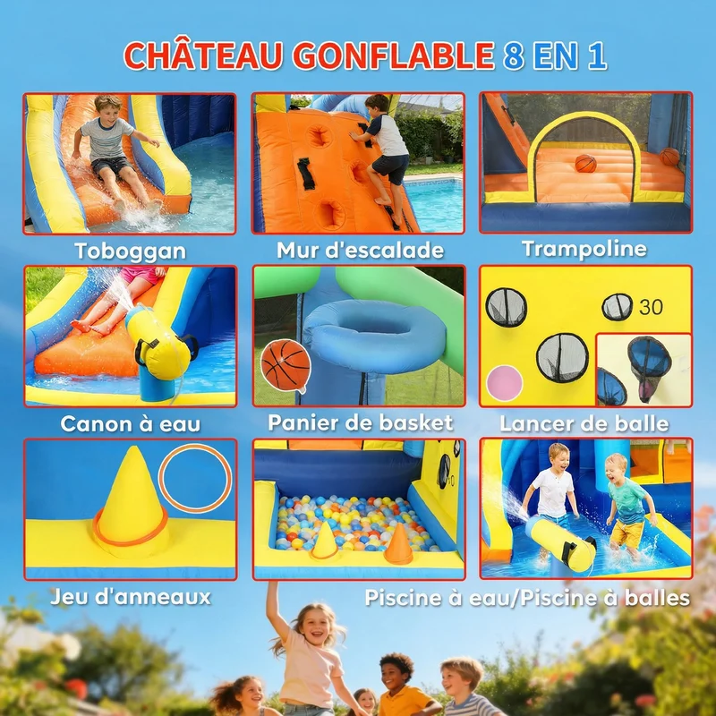 Château gonflable extérieur 350 x 320 x 190 cm toboggan piscine tendance décoratif pour 3-8 ans en tissu oxford bleu 21_0000412