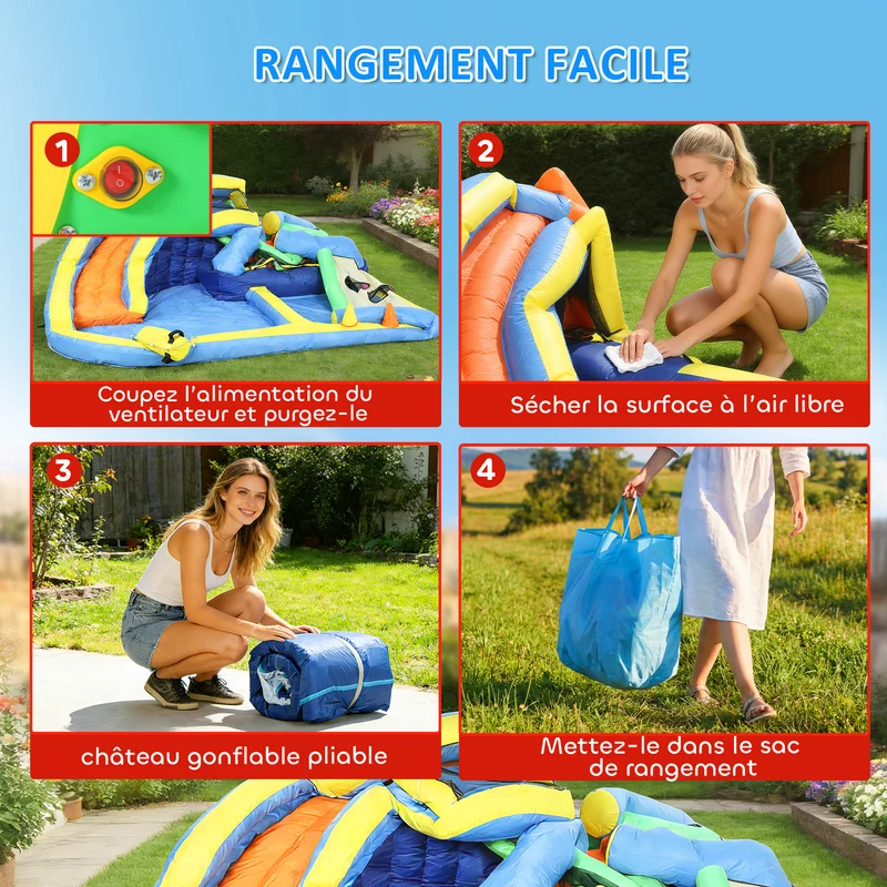 Château gonflable extérieur 350 x 320 x 190 cm toboggan piscine tendance décoratif pour 3-8 ans en tissu oxford bleu 21_0000412