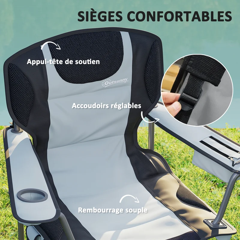 Chaise de camping pliante 94 x 62 x 105 cm confort rembourré porte-gobelet intégré design en tissu oxford 600d noir 21_0006555