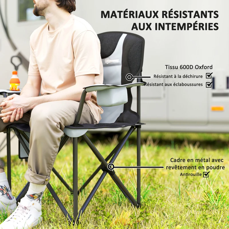 Chaise de camping pliante 94 x 62 x 105 cm confort rembourré porte-gobelet intégré design en tissu oxford 600d noir 21_0006555