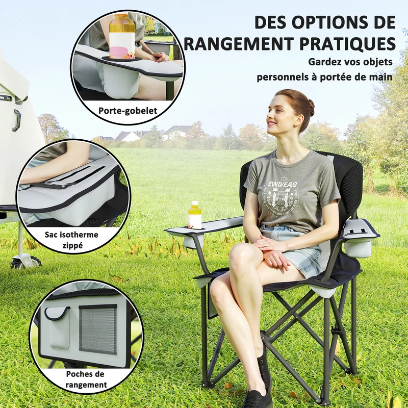Chaise de camping pliante 94 x 62 x 105 cm confort rembourré porte-gobelet intégré design en tissu oxford 600d noir 21_0006555