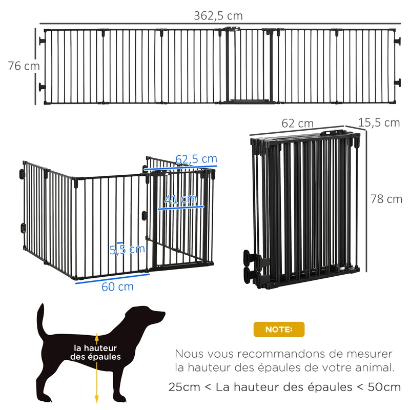 Barrière de sécurité parc animaux 362.5 x 76 x 15.5 cm 6 panneaux porte autofermant sans perçage moderne en acier noir 21_0007441