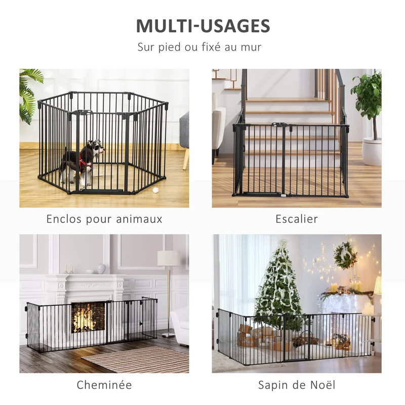 Barrière de sécurité parc animaux 362.5 x 76 x 15.5 cm 6 panneaux porte autofermant sans perçage moderne en acier noir 21_0007441