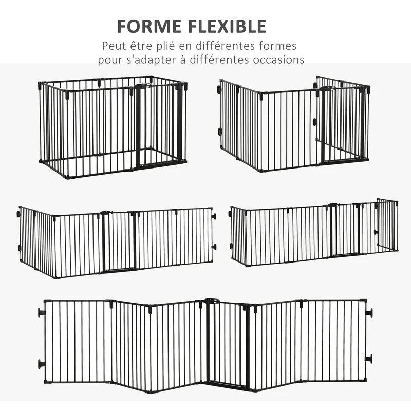 Barrière de sécurité parc animaux 362.5 x 76 x 15.5 cm 6 panneaux porte autofermant sans perçage moderne en acier noir 21_0007441