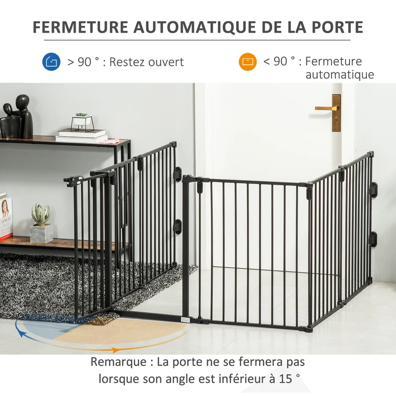 Barrière de sécurité parc animaux 362.5 x 76 x 15.5 cm 6 panneaux porte autofermant sans perçage moderne en acier noir 21_0007441