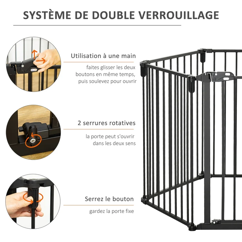 Barrière de sécurité parc animaux 362.5 x 76 x 15.5 cm 6 panneaux porte autofermant sans perçage moderne en acier noir 21_0007441