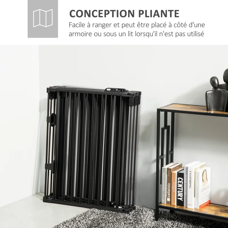 Barrière de sécurité parc animaux 362.5 x 76 x 15.5 cm 6 panneaux porte autofermant sans perçage moderne en acier noir 21_0007441