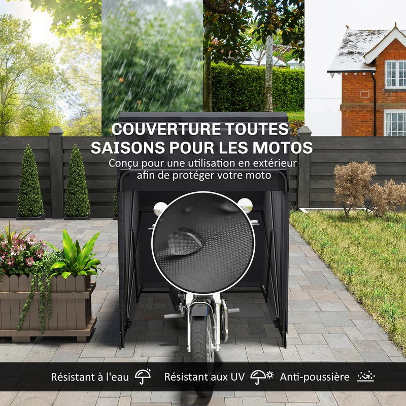 Abri de moto extérieur 345 x 135 x 191 cm pour 2 motos anti uv rétractable moderne contemporain en tissu oxford noir 21_0007195