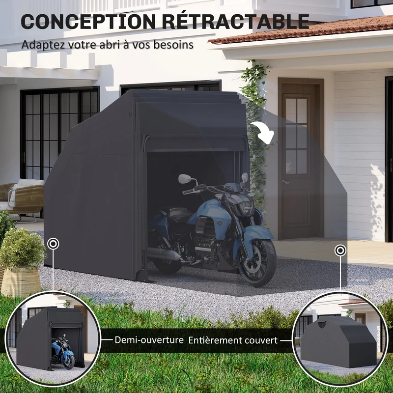 Abri de moto extérieur 345 x 135 x 191 cm pour 2 motos anti uv rétractable moderne contemporain en tissu oxford noir 21_0007195