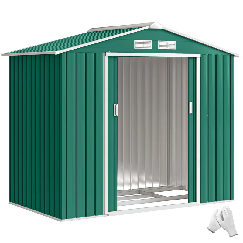 Abri de jardin remise pour outils 213 x 130 x 185 cm portes verrouillables kit de fondation industriel en acier vert 21_0004027