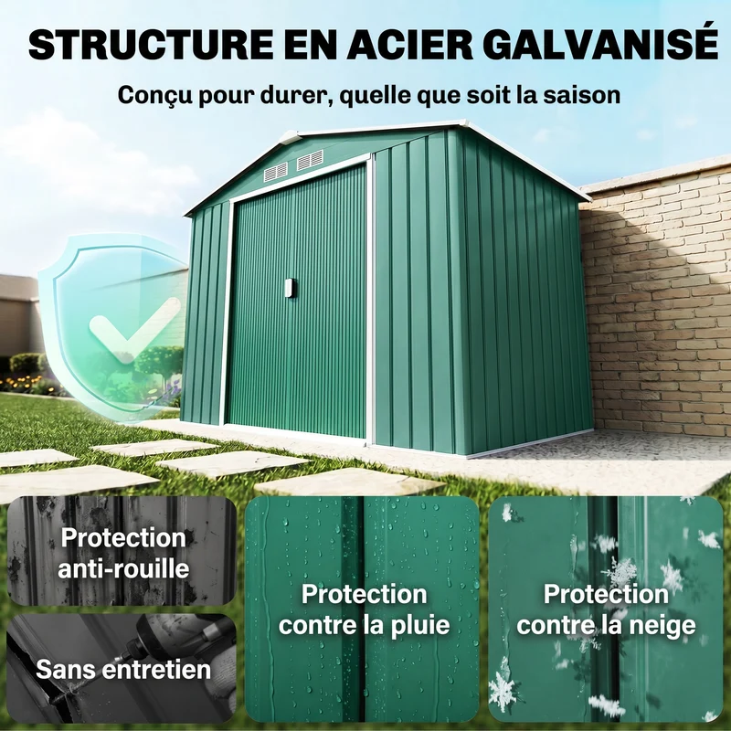 Abri de jardin remise pour outils 213 x 130 x 185 cm portes verrouillables kit de fondation industriel en acier vert 21_0004027