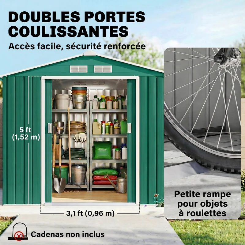 Abri de jardin remise pour outils 213 x 130 x 185 cm portes verrouillables kit de fondation industriel en acier vert 21_0004027