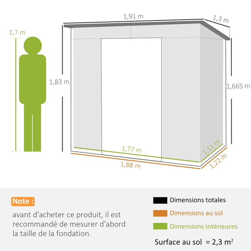 Abri de jardin pour les outils 191 x 130 x 166,5 cm porte verrouillable ventilation antihumidité moderne en acier gris 21_0005466