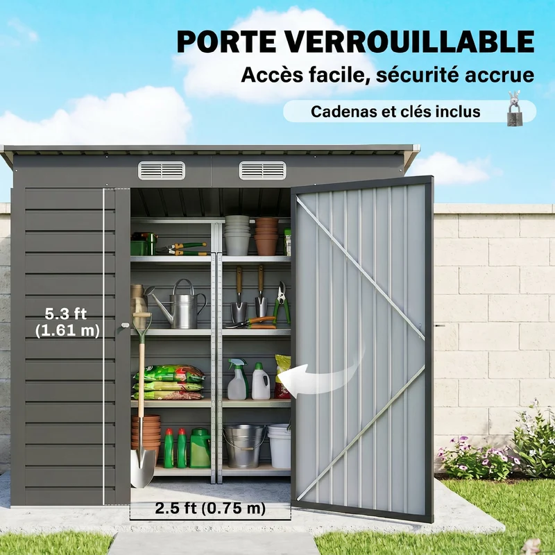 Abri de jardin pour les outils 191 x 130 x 166,5 cm porte verrouillable ventilation antihumidité moderne en acier gris 21_0005466