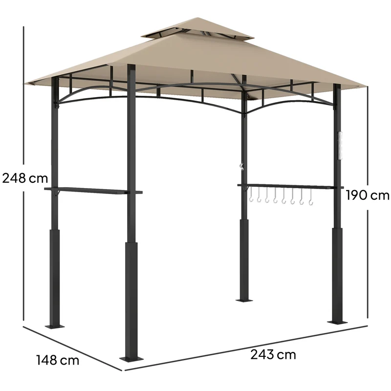 Tonnelle de barbecue extérieure double toit 243 x 148 x 248 cm anti fumée étagères de rangement contemporain en métal kaki 21_0004877