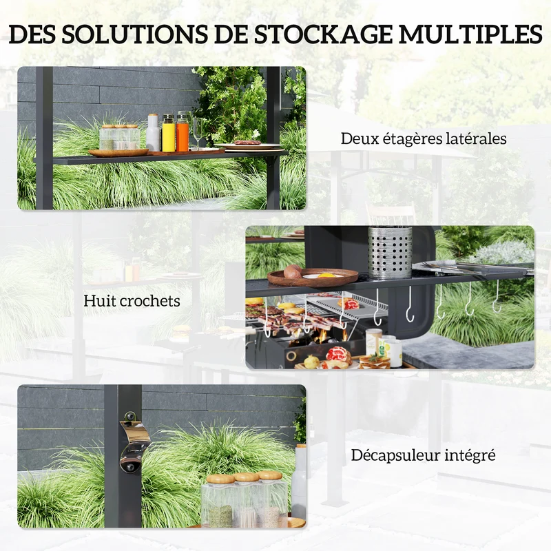 Tonnelle de barbecue extérieure double toit 243 x 148 x 248 cm anti fumée étagères de rangement contemporain en métal kaki 21_0004877