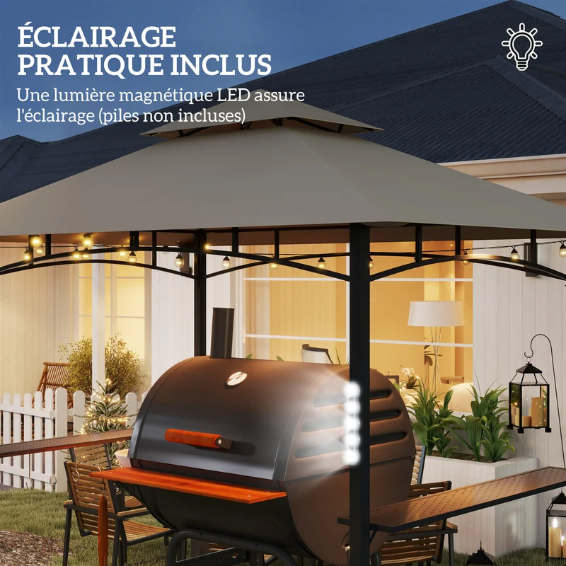 Tonnelle de barbecue extérieure double toit 243 x 148 x 248 cm anti fumée étagères de rangement contemporain en métal kaki 21_0004877