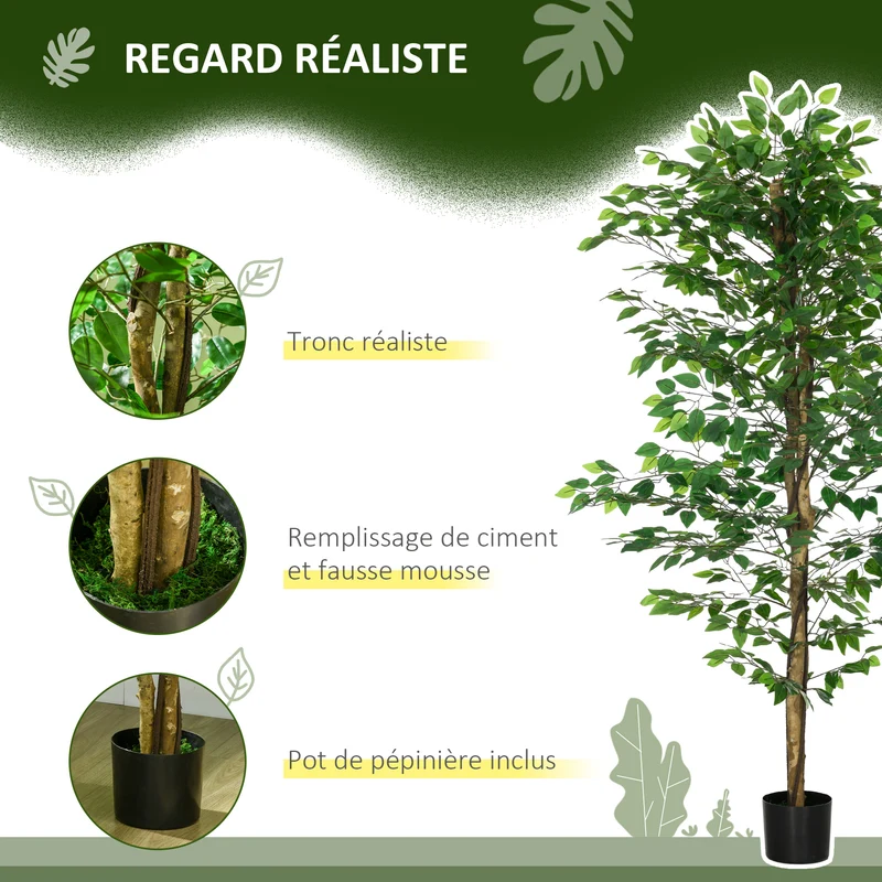 Plante artificielle ficus intérieur 17,5 x 17,5 x 180 cm sans entretien feuillage réaliste scandinave en plastique vert 21_0001310