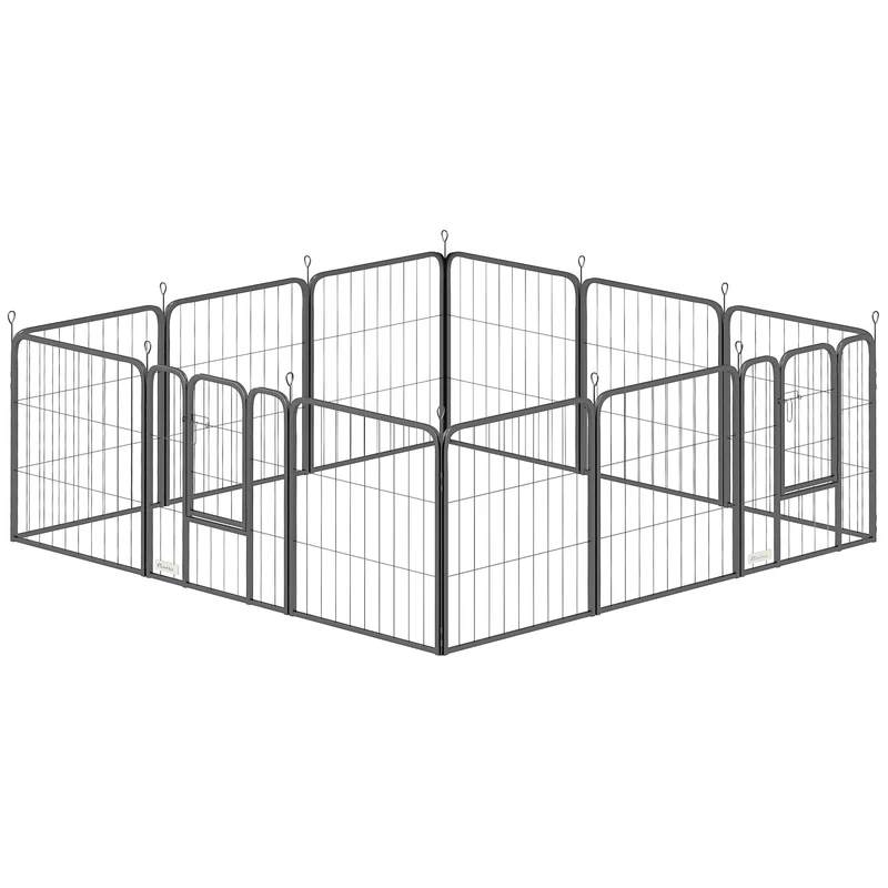 Parc pour chien modulable intérieur extérieur 168 x 168 x 60 cm pliable 2 portes sécurisées moderne épuré en acier noir 21_0007475