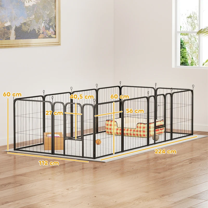 Parc pour chien modulable intérieur extérieur 168 x 168 x 60 cm pliable 2 portes sécurisées moderne épuré en acier noir 21_0007475
