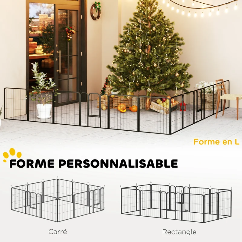 Parc pour chien modulable intérieur extérieur 168 x 168 x 60 cm pliable 2 portes sécurisées moderne épuré en acier noir 21_0007475