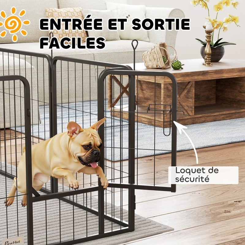 Parc pour chien modulable intérieur extérieur 168 x 168 x 60 cm pliable 2 portes sécurisées moderne épuré en acier noir 21_0007475