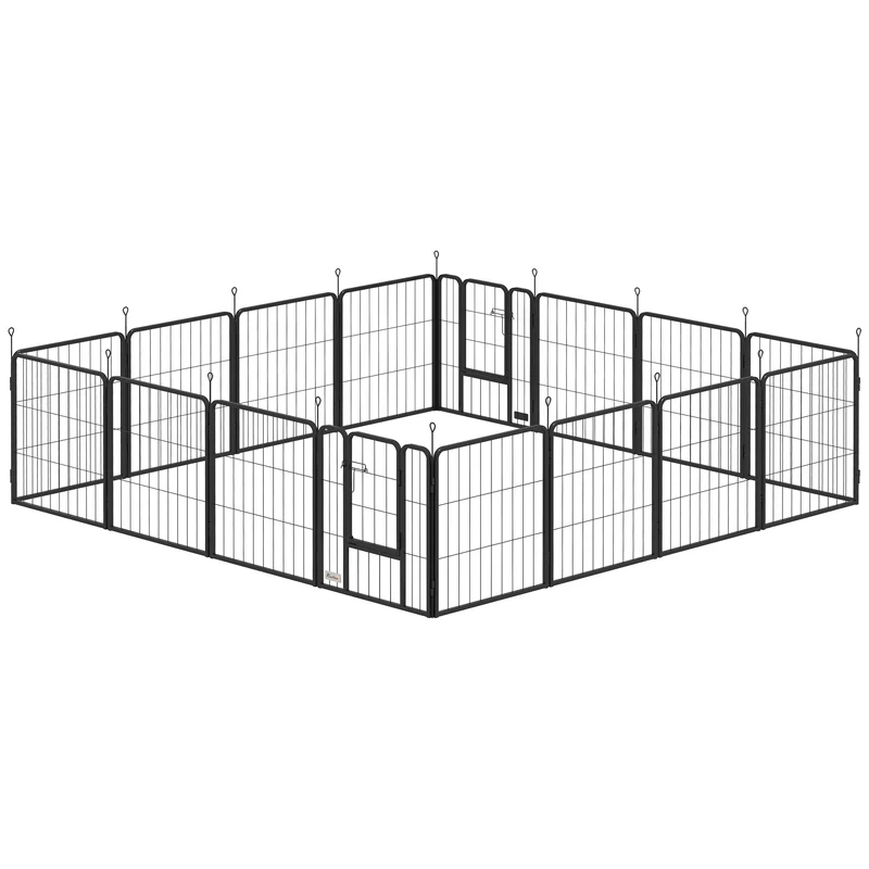 Parc pour chien modulable 224 x 224 x 60 cm pliable et sécurisé portes doubles piquets contemporain épuré en acier noir 21_0007481