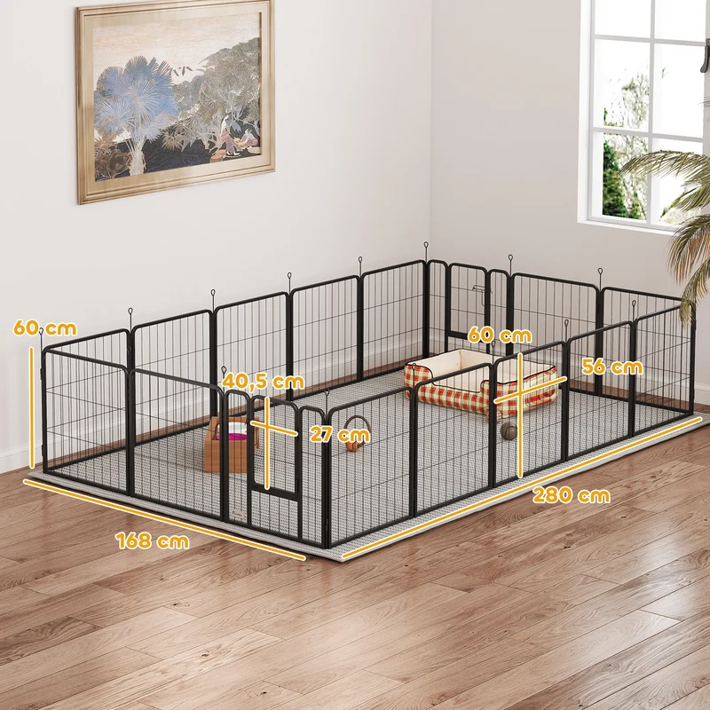 Parc pour chien modulable 224 x 224 x 60 cm pliable et sécurisé portes doubles piquets contemporain épuré en acier noir 21_0007481