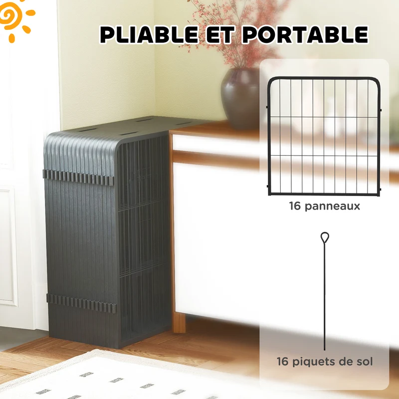 Parc pour chien modulable 224 x 224 x 60 cm pliable et sécurisé portes doubles piquets contemporain épuré en acier noir 21_0007481