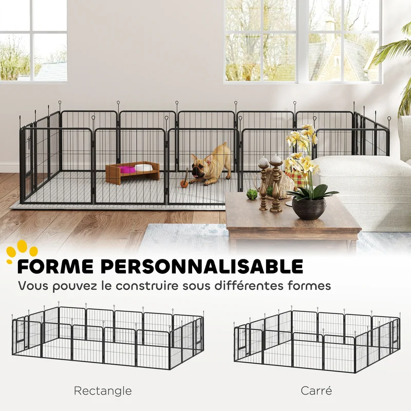 Parc pour chien modulable 224 x 224 x 60 cm pliable et sécurisé portes doubles piquets contemporain épuré en acier noir 21_0007481