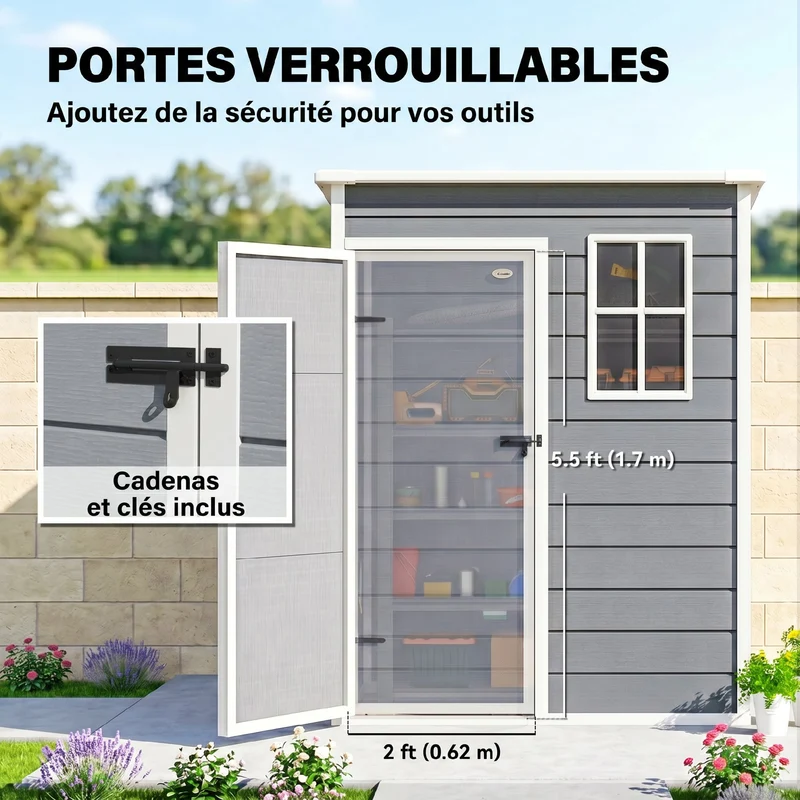 Abri de jardin 151 x 92 x 193 cm porte verrouillable avec ventilation design contemporain extérieur en aluminium gris 21_0004362