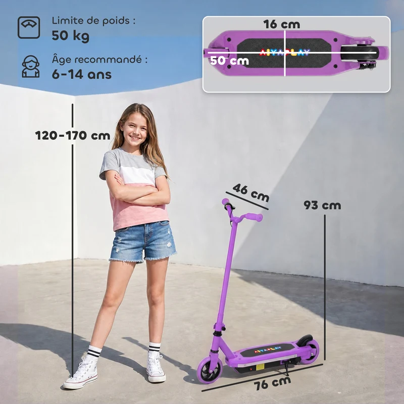 Trottinette électrique enfants 76 x 46 x 93 cm frein électrique pneus anti-crevaison design moderne en métal violet 21_0006953