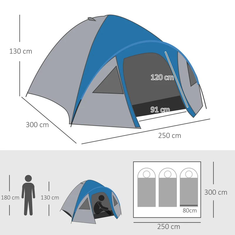 Tente de camping 3 places dôme 300 x 250 x 130 cm montage facile étanche contemporain épuré en polyester bleu marine 21_0006437