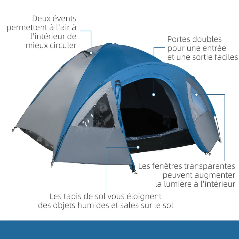 Tente de camping 3 places dôme 300 x 250 x 130 cm montage facile étanche contemporain épuré en polyester bleu marine 21_0006437
