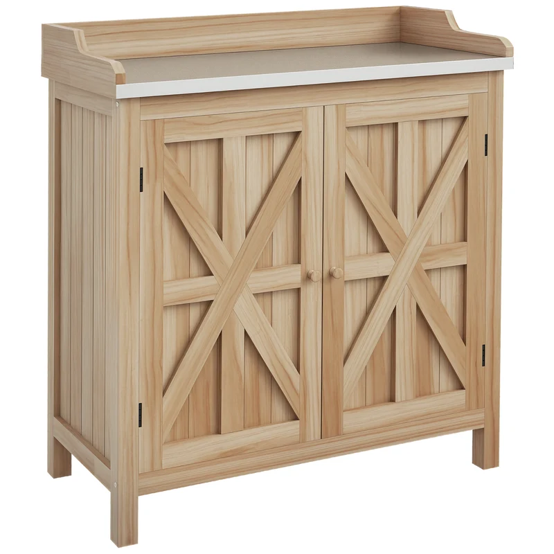 Table de rempotage armoire 83 x 40 x 92 cm 2 étagères pieds antidérapants style rustique jardin en bois de sapin naturel 21_0005451