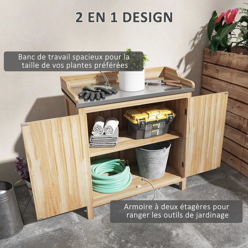 Table de rempotage armoire 83 x 40 x 92 cm 2 étagères pieds antidérapants style rustique jardin en bois de sapin naturel 21_0005451