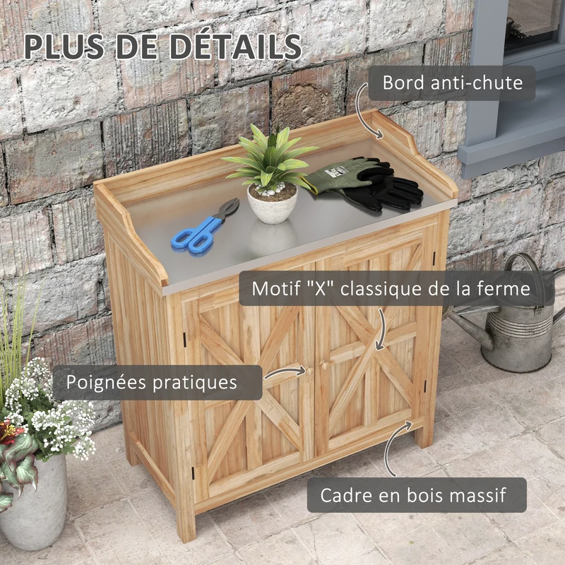 Table de rempotage armoire 83 x 40 x 92 cm 2 étagères pieds antidérapants style rustique jardin en bois de sapin naturel 21_0005451