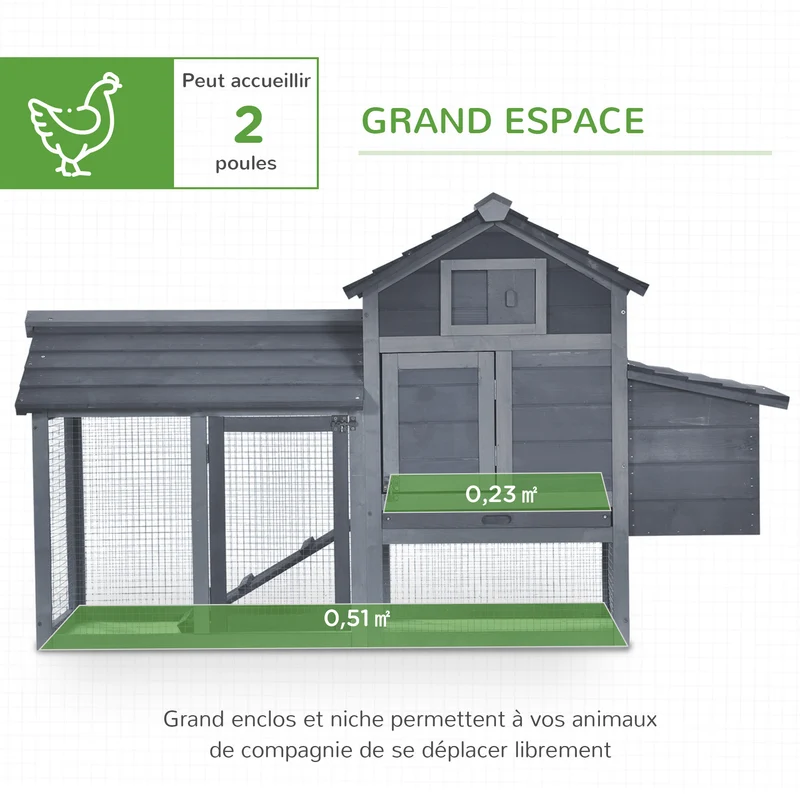 Poulailler sur pied pour 2 poules 151 x 54 x 87 cm tiroir déjections entretien facile style rustique jardin en bois gris 21_0007883