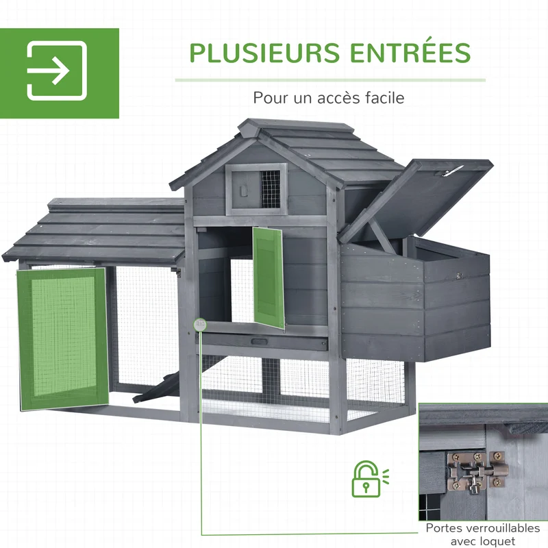 Poulailler sur pied pour 2 poules 151 x 54 x 87 cm tiroir déjections entretien facile style rustique jardin en bois gris 21_0007883