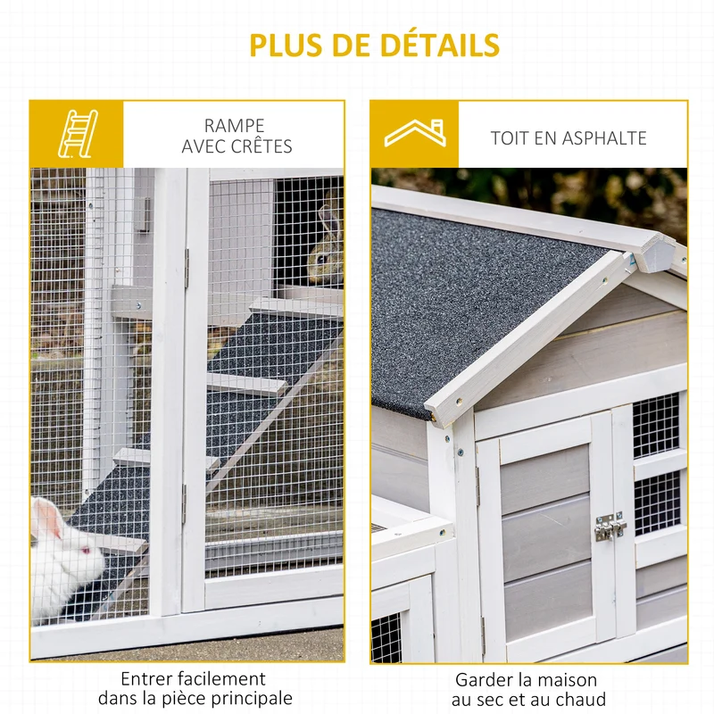 Clapier extérieur pour lapins avec enclos 128 x 64 x 92 cm plateau amovible rampe d'accès rustique en bois de sapin gris 21_0007941