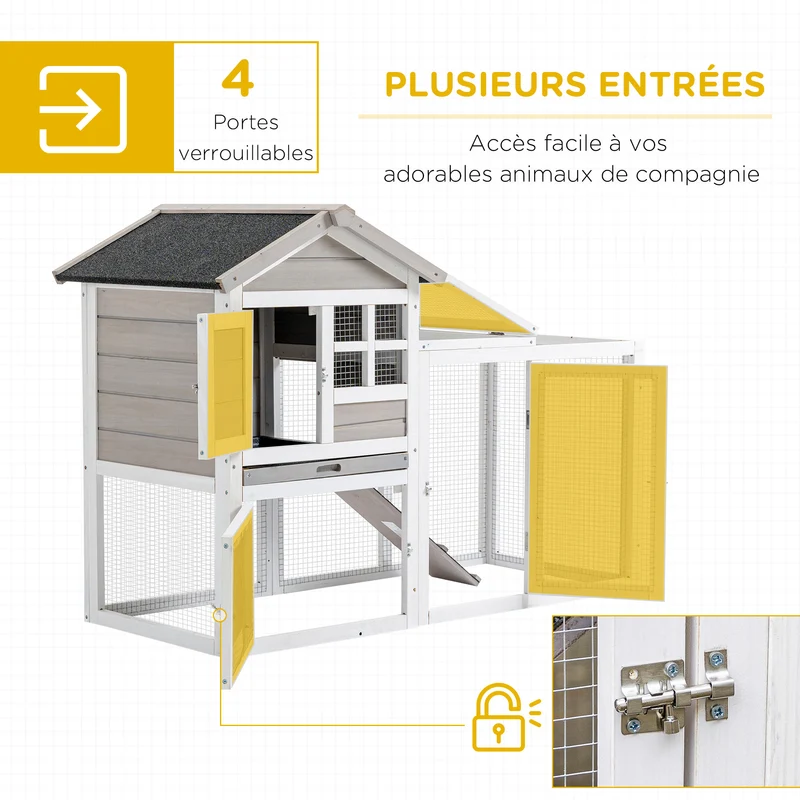 Clapier extérieur pour lapins avec enclos 128 x 64 x 92 cm plateau amovible rampe d'accès rustique en bois de sapin gris 21_0007941