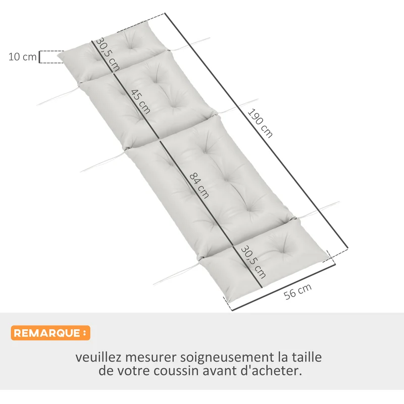 Coussin transat épais 190 x 56 x 10 cm confort rembourré anti uv upf20 contemporain extérieur en polyester gris clair 21_0005289