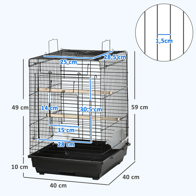 Cage à oiseaux avec plateau amovible et poignée 40 x 40 x 59 cm pour perruches salon épuré contemporain en acier noir 21_0007562