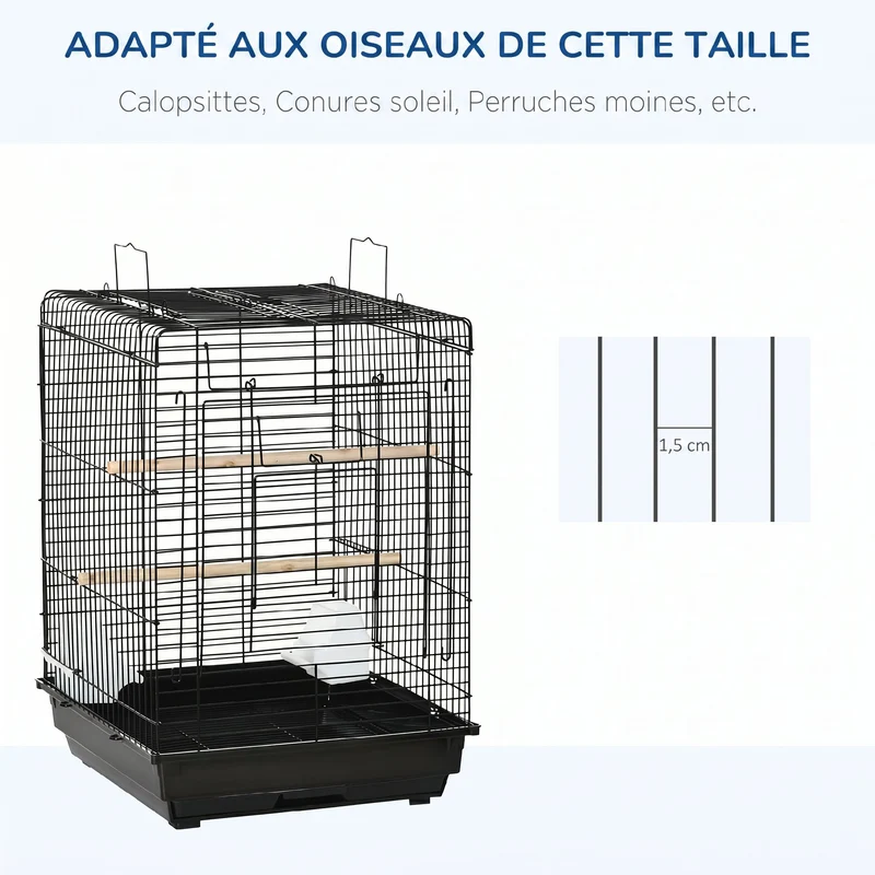 Cage à oiseaux avec plateau amovible et poignée 40 x 40 x 59 cm pour perruches salon épuré contemporain en acier noir 21_0007562
