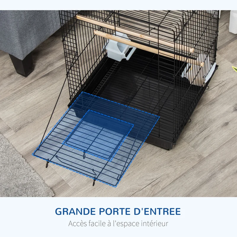 Cage à oiseaux avec plateau amovible et poignée 40 x 40 x 59 cm pour perruches salon épuré contemporain en acier noir 21_0007562