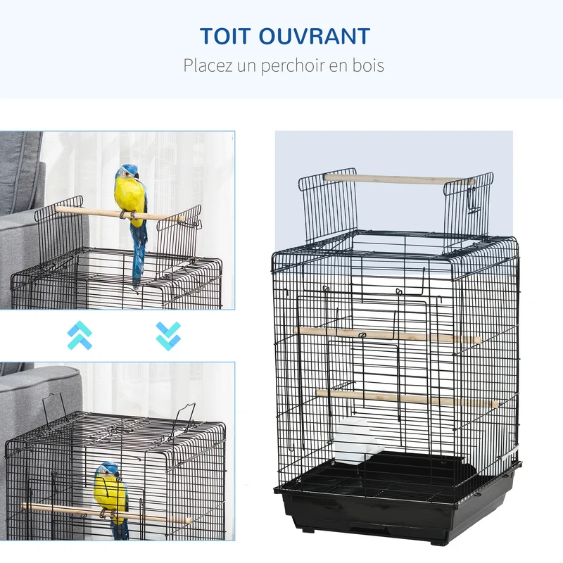 Cage à oiseaux avec plateau amovible et poignée 40 x 40 x 59 cm pour perruches salon épuré contemporain en acier noir 21_0007562