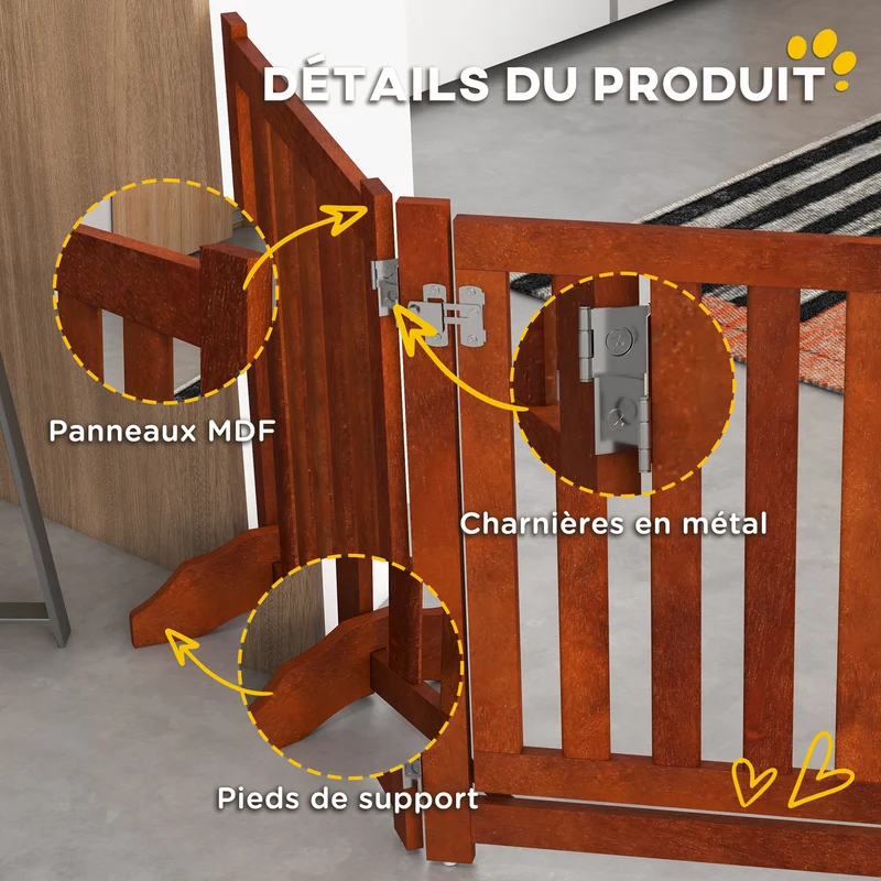 Barrière de sécurité pour chien modulable 205 x 30 x 60 cm pliable avec porte intégrée design scandinave en MDF marron 21_0007448