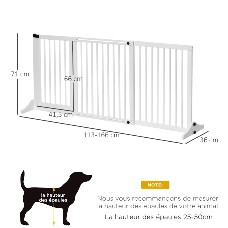 Barrière de sécurité autoportante réglable 113-166 x 36 x 71 cm porte verrouillable scandinave en bois de pin blanc 21_0007403