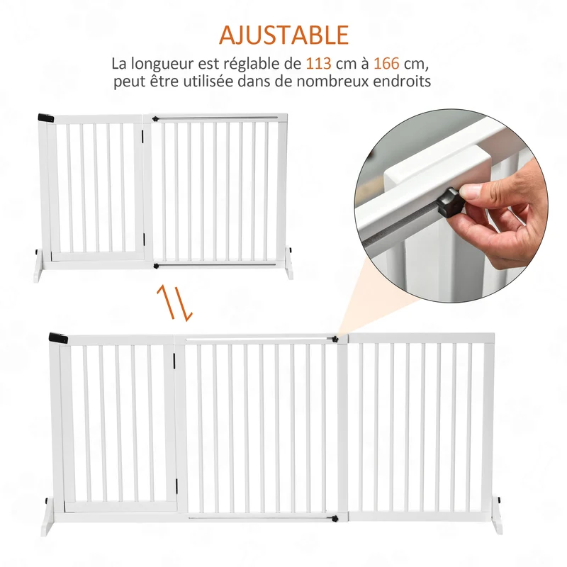 Barrière de sécurité autoportante réglable 113-166 x 36 x 71 cm porte verrouillable scandinave en bois de pin blanc 21_0007403
