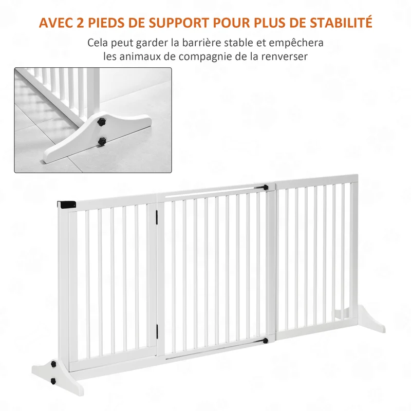 Barrière de sécurité autoportante réglable 113-166 x 36 x 71 cm porte verrouillable scandinave en bois de pin blanc 21_0007403